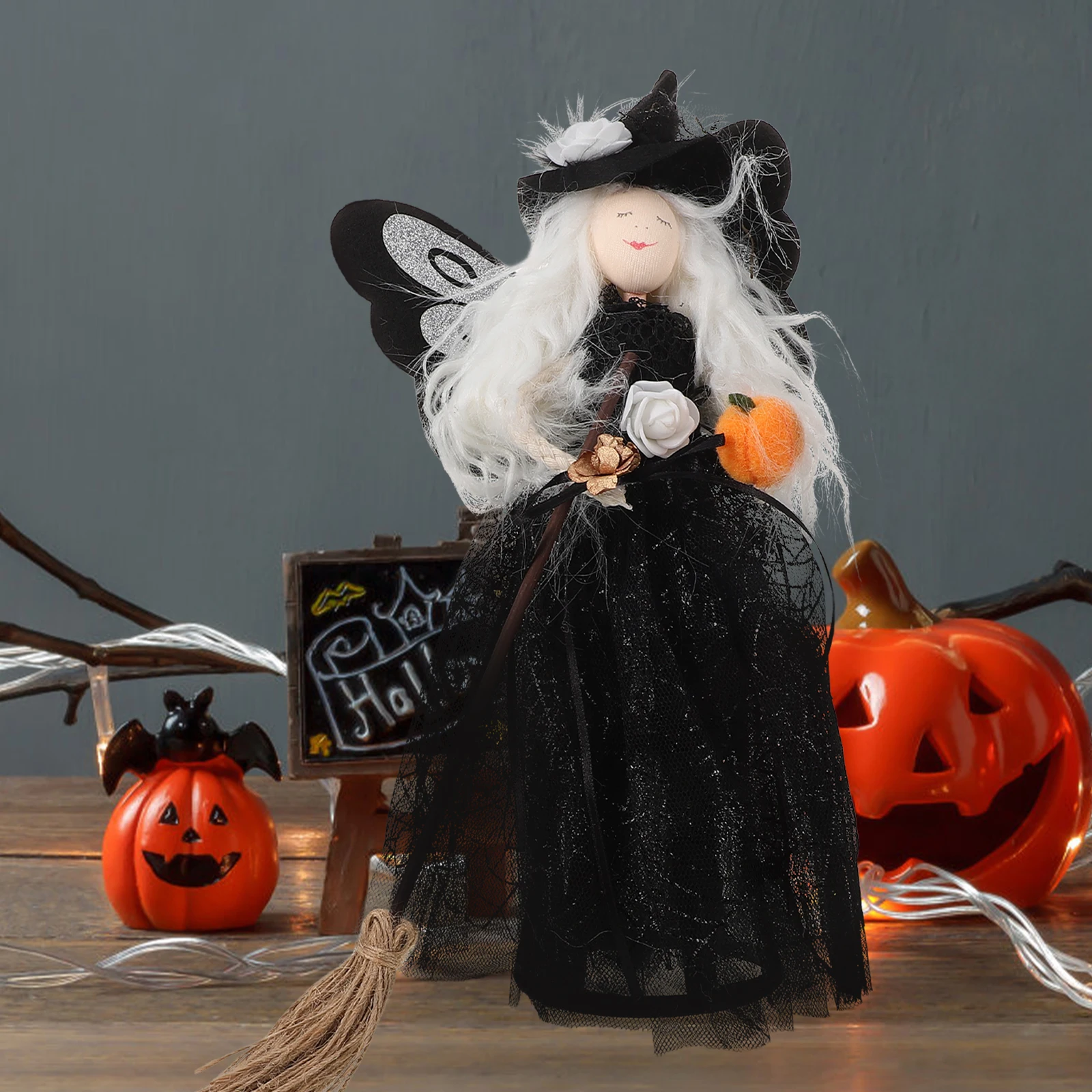 Witch Doll Halloween Veil Witch With Spider Web Skirt Doll Witch Hat And Witch Broom Halloween Ornament For Home Halloween Witch Doll Halloween Veil Witch With Spider Web Skirt Doll Witch Hat And Witch Broom Halloween Ornament For Home Halloween
