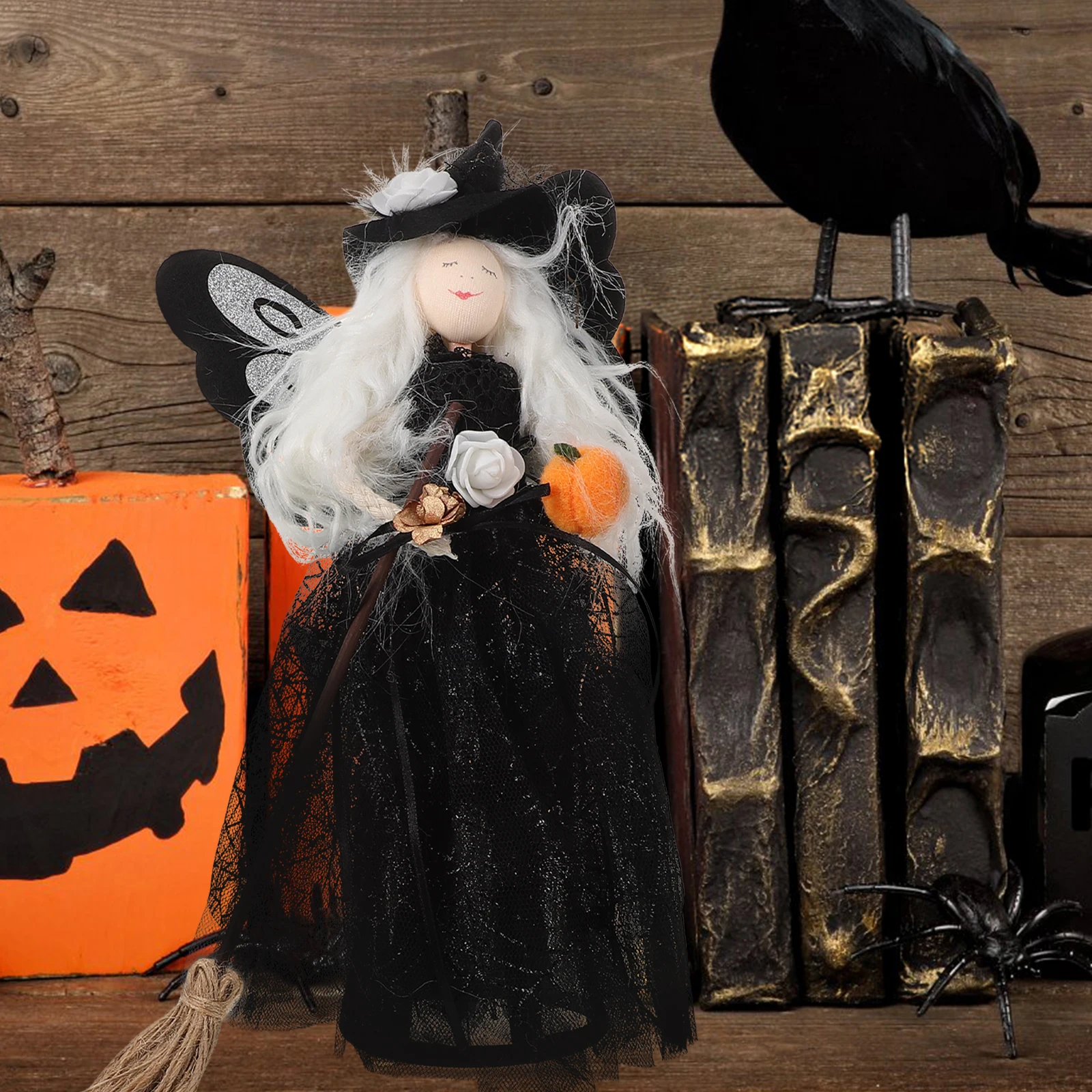 Witch Doll Halloween Veil Witch With Spider Web Skirt Doll Witch Hat And Witch Broom Halloween Ornament For Home Halloween Witch Doll Halloween Veil Witch With Spider Web Skirt Doll Witch Hat And Witch Broom Halloween Ornament For Home Halloween