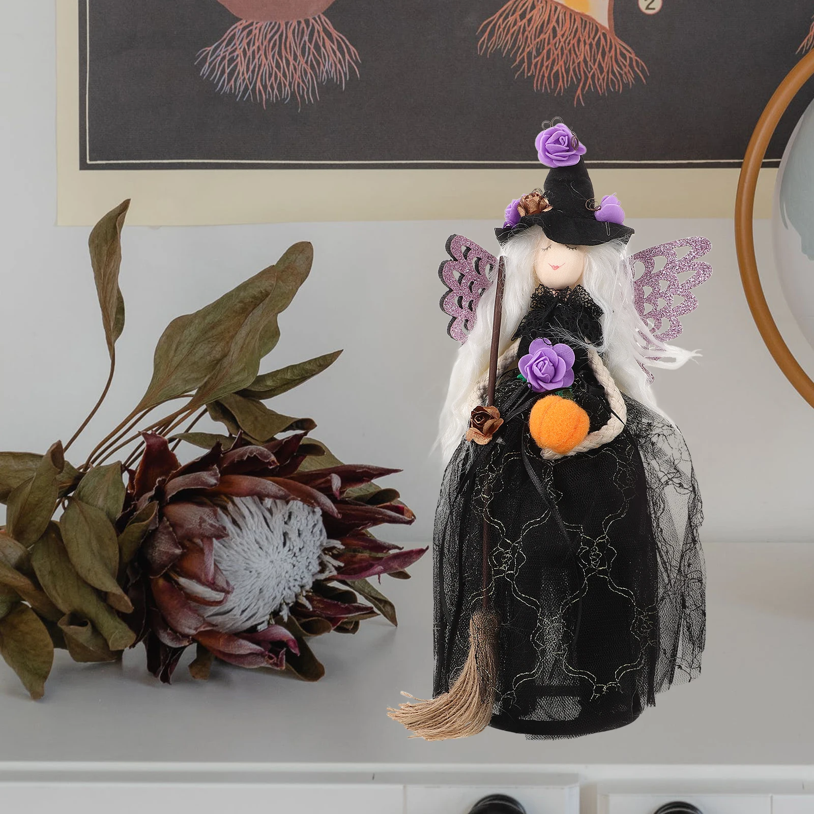 Witch Doll Halloween Veil Witch With Spider Web Skirt Doll Witch Hat And Witch Broom Halloween Ornament For Home Halloween Witch Doll Halloween Veil Witch With Spider Web Skirt Doll Witch Hat And Witch Broom Halloween Ornament For Home Halloween