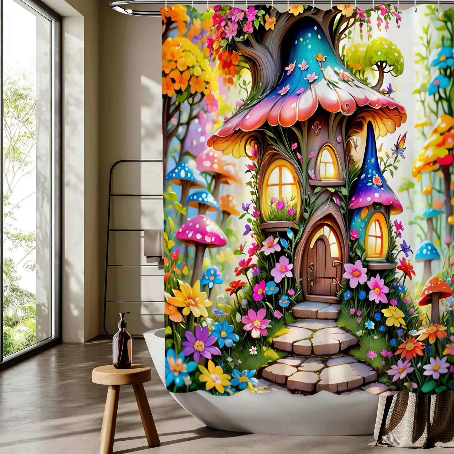 Enchanted Forest Mushroom House Shower Curtain - Whimsical Fairy Tale Design, Vibrant Flowers & Mushrooms, Reversible Polyester Enchanted Forest Mushroom House Shower Curtain - Whimsical Fairy Tale Design, Vibrant Flowers & Mushrooms, Reversible Polyester