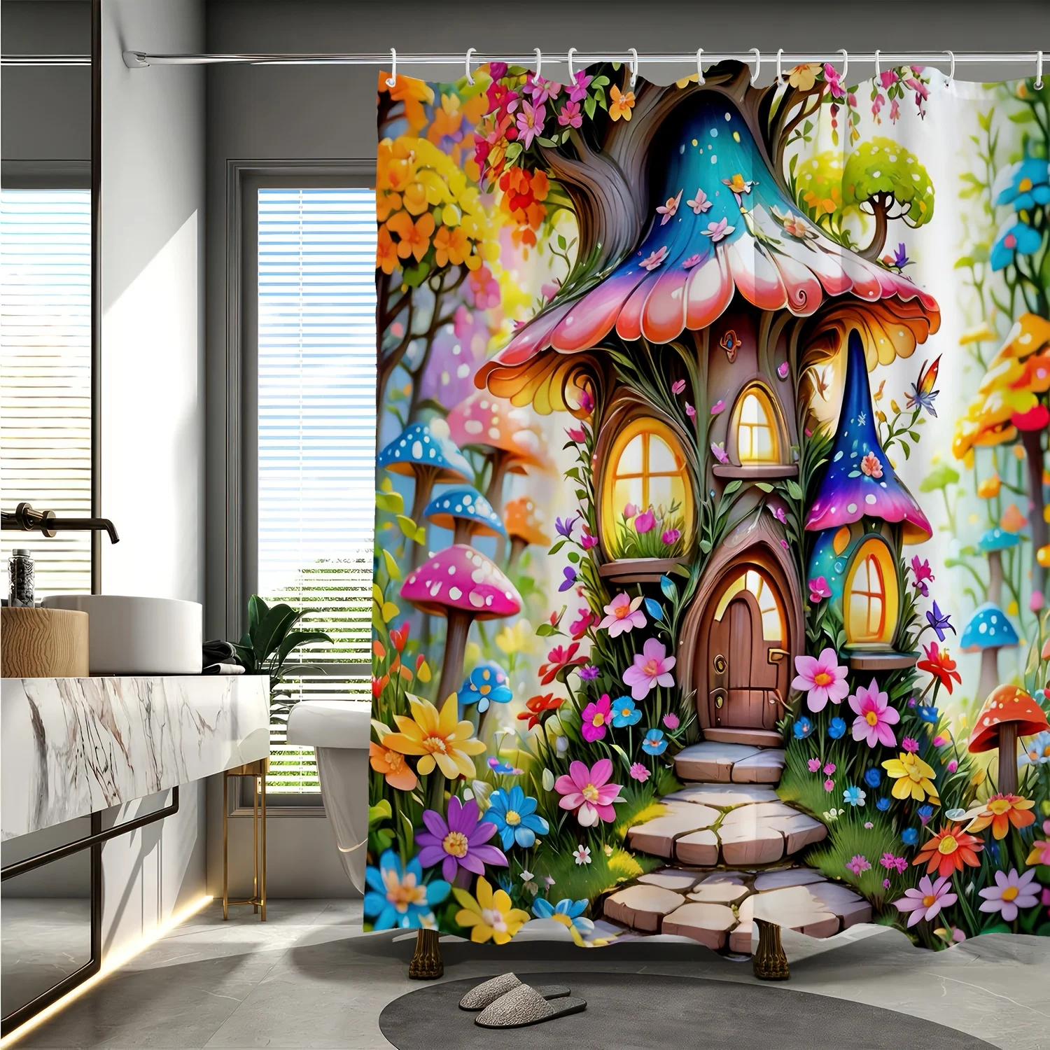 Enchanted Forest Mushroom House Shower Curtain - Whimsical Fairy Tale Design, Vibrant Flowers & Mushrooms, Reversible Polyester Enchanted Forest Mushroom House Shower Curtain - Whimsical Fairy Tale Design, Vibrant Flowers & Mushrooms, Reversible Polyester