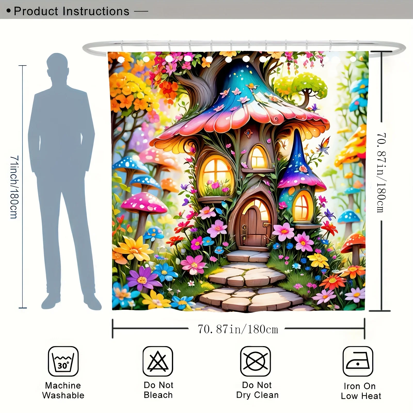 Enchanted Forest Mushroom House Shower Curtain - Whimsical Fairy Tale Design, Vibrant Flowers & Mushrooms, Reversible Polyester Enchanted Forest Mushroom House Shower Curtain - Whimsical Fairy Tale Design, Vibrant Flowers & Mushrooms, Reversible Polyester