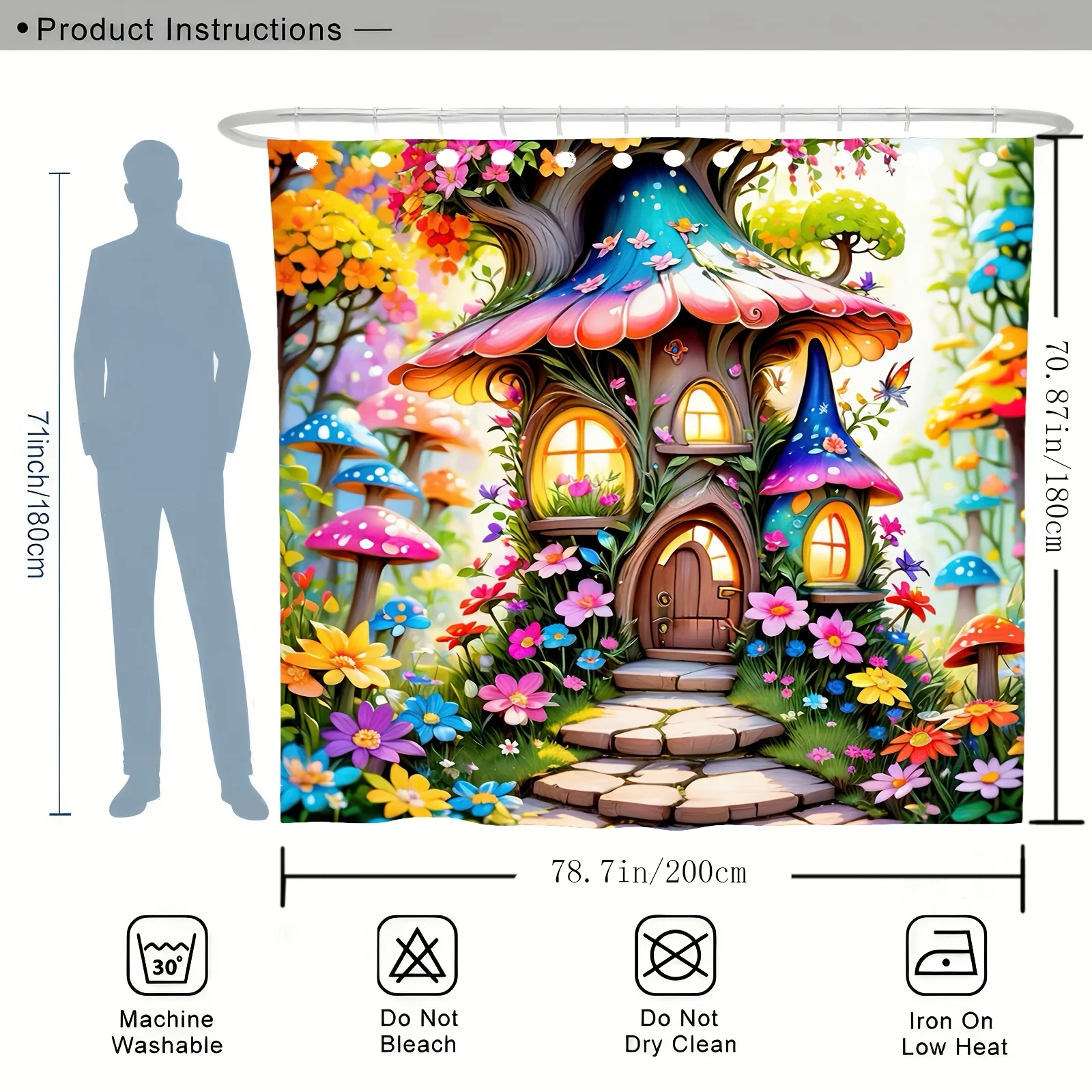 Enchanted Forest Mushroom House Shower Curtain - Whimsical Fairy Tale Design, Vibrant Flowers & Mushrooms, Reversible Polyester Enchanted Forest Mushroom House Shower Curtain - Whimsical Fairy Tale Design, Vibrant Flowers & Mushrooms, Reversible Polyester