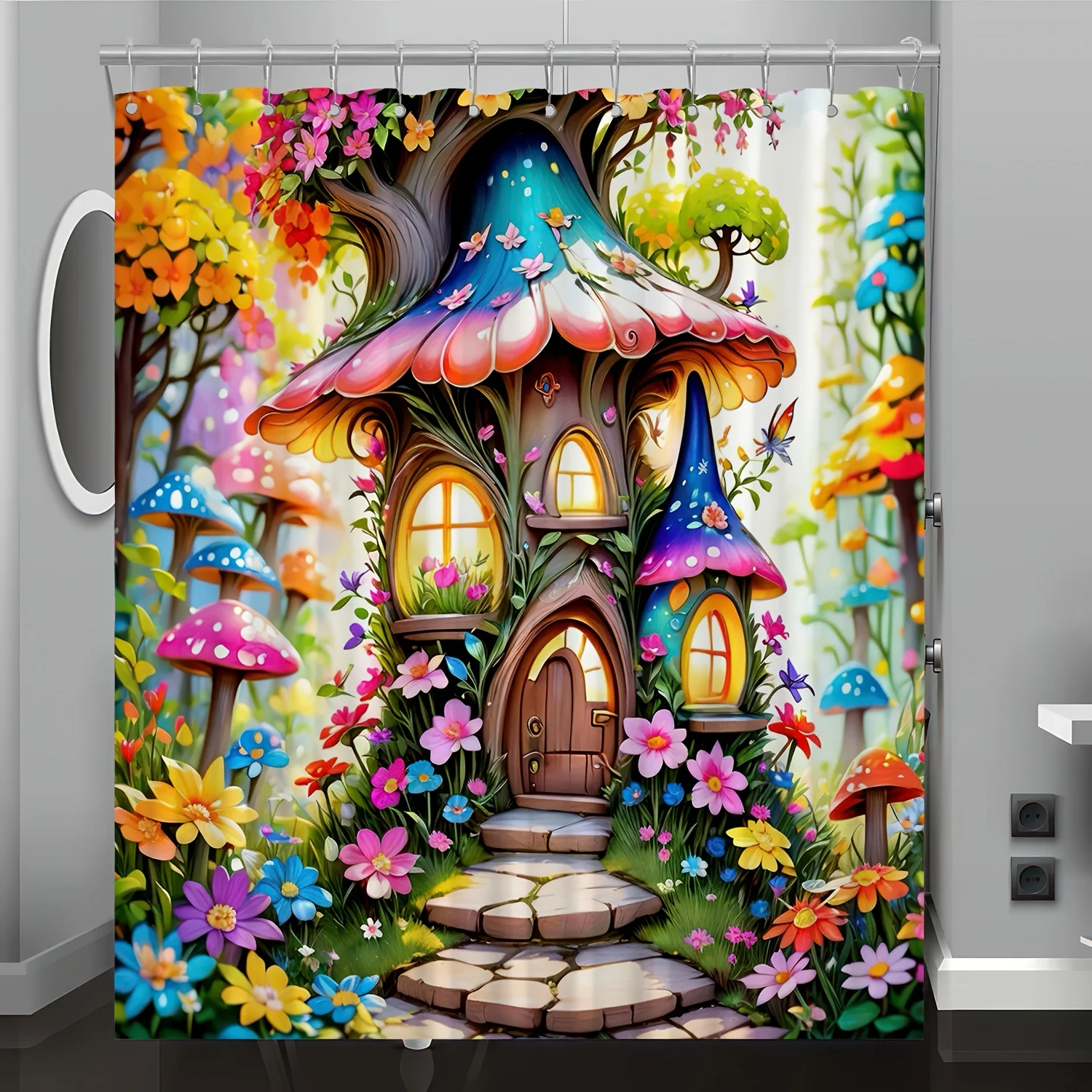 Enchanted Forest Mushroom House Shower Curtain - Whimsical Fairy Tale Design, Vibrant Flowers & Mushrooms, Reversible Polyester Enchanted Forest Mushroom House Shower Curtain - Whimsical Fairy Tale Design, Vibrant Flowers & Mushrooms, Reversible Polyester