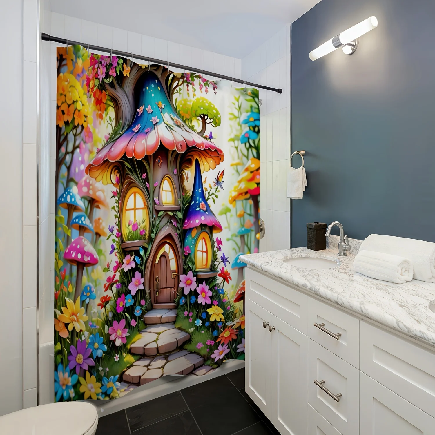 Enchanted Forest Mushroom House Shower Curtain - Whimsical Fairy Tale Design, Vibrant Flowers & Mushrooms, Reversible Polyester Enchanted Forest Mushroom House Shower Curtain - Whimsical Fairy Tale Design, Vibrant Flowers & Mushrooms, Reversible Polyester