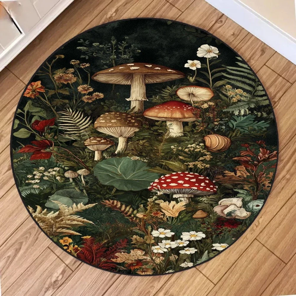 Chic Forest Mushroom Circular Area Rug Ultra-Soft Microfiber Machine Washable Perfect for Bedroom Living Room or Dorm Decoration