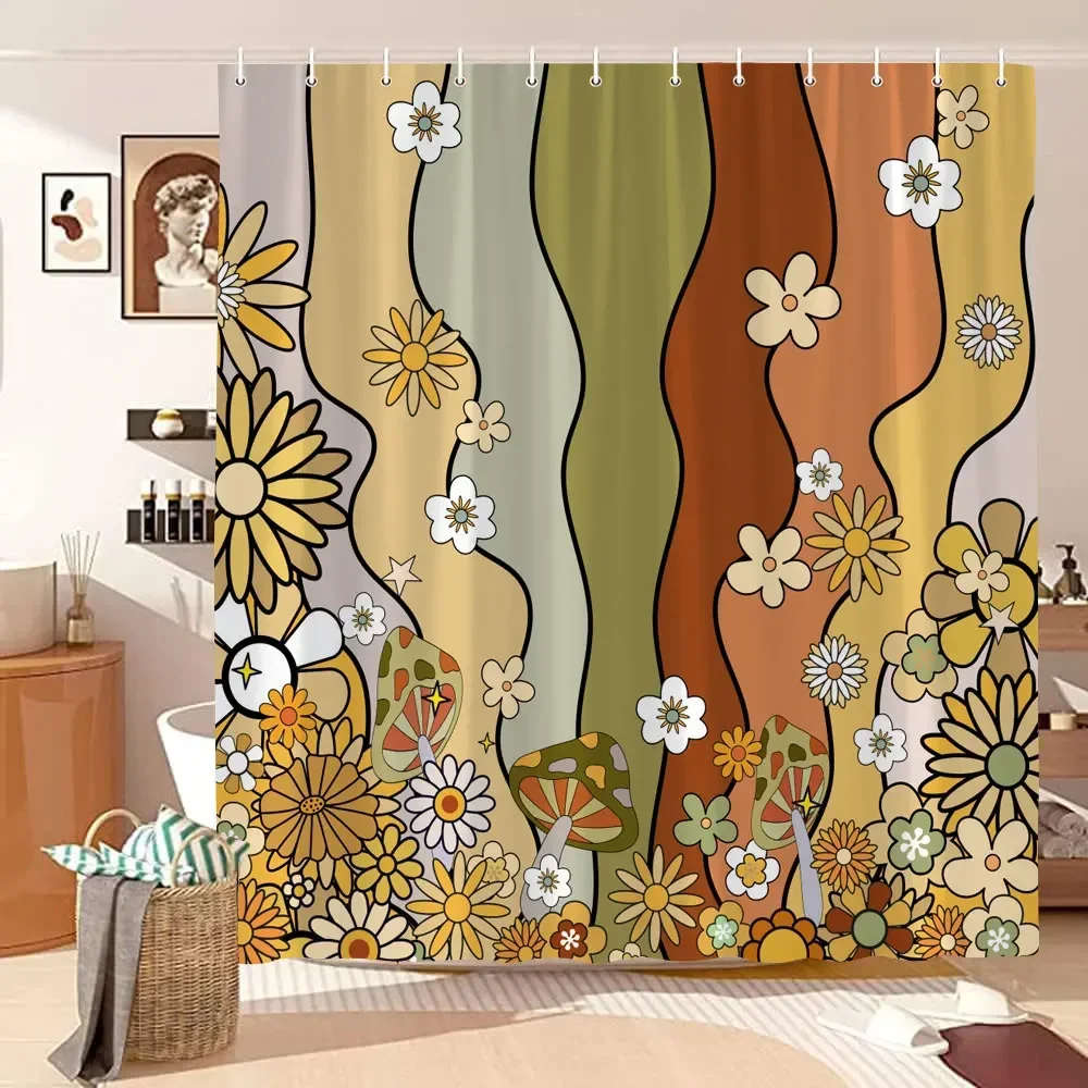 Mushroom Shower Curtain Retro Butterfly Floral Boho Moon Botanical Wildflowers Green Plant Aesthetic Bath Curtain Bathroom Decor