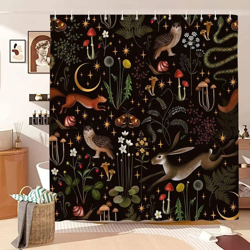 Mushroom Shower Curtain Retro Butterfly Floral Boho Moon Botanical Wildflowers Green Plant Aesthetic Bath Curtain Bathroom Decor