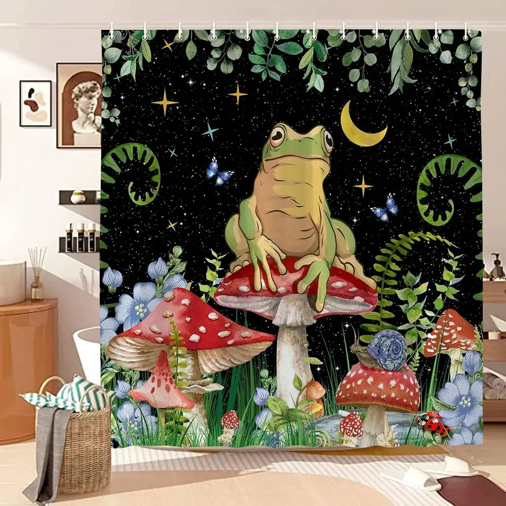 Mushroom Shower Curtain Retro Butterfly Floral Boho Moon Botanical Wildflowers Green Plant Aesthetic Bath Curtain Bathroom Decor