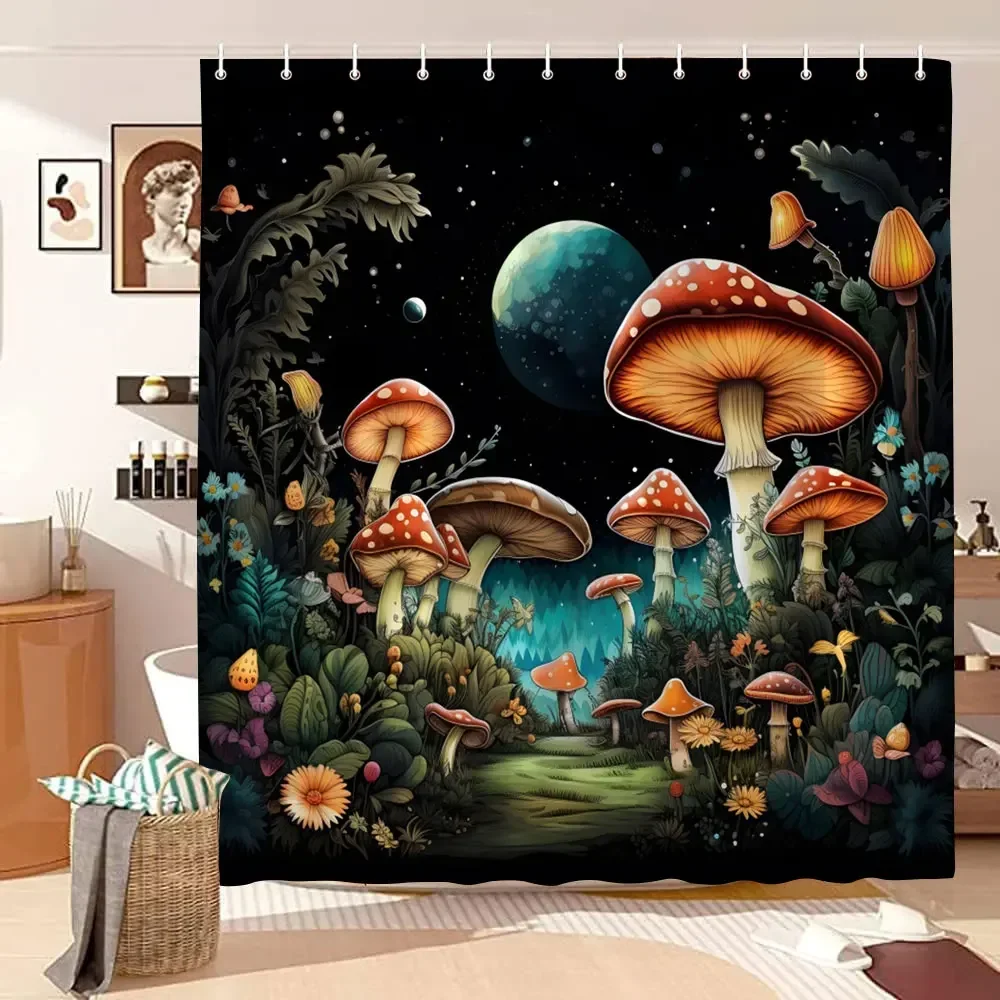 Mushroom Shower Curtain Retro Butterfly Floral Boho Moon Botanical Wildflowers Green Plant Aesthetic Bath Curtain Bathroom Decor