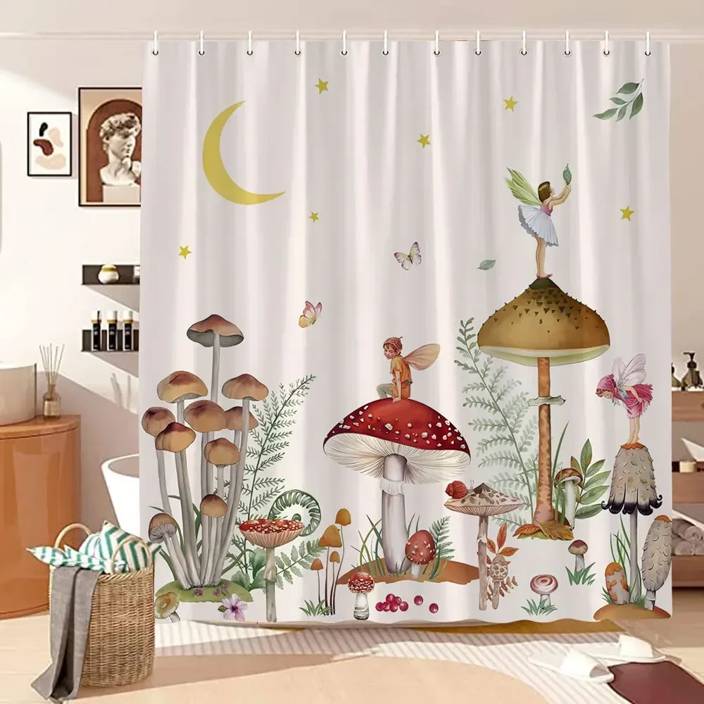 Mushroom Shower Curtain Retro Butterfly Floral Boho Moon Botanical Wildflowers Green Plant Aesthetic Bath Curtain Bathroom Decor