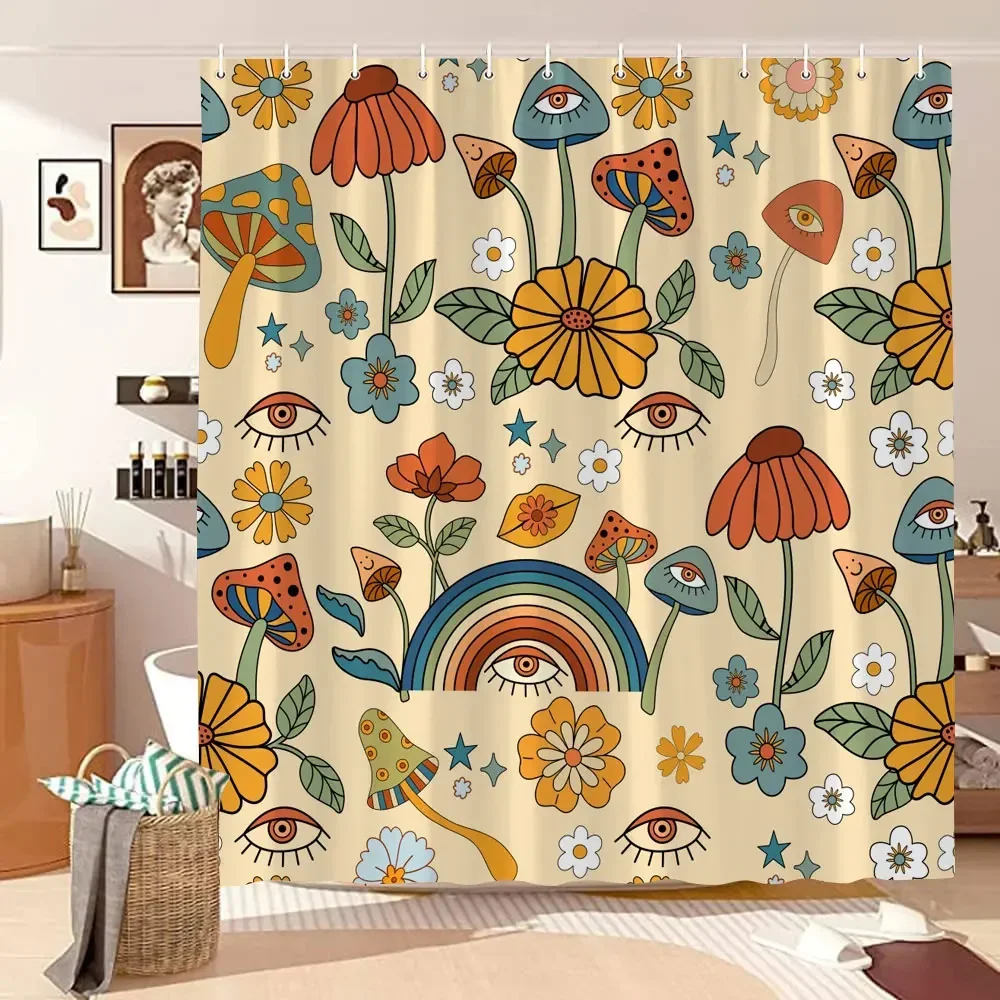 Mushroom Shower Curtain Retro Butterfly Floral Boho Moon Botanical Wildflowers Green Plant Aesthetic Bath Curtain Bathroom Decor