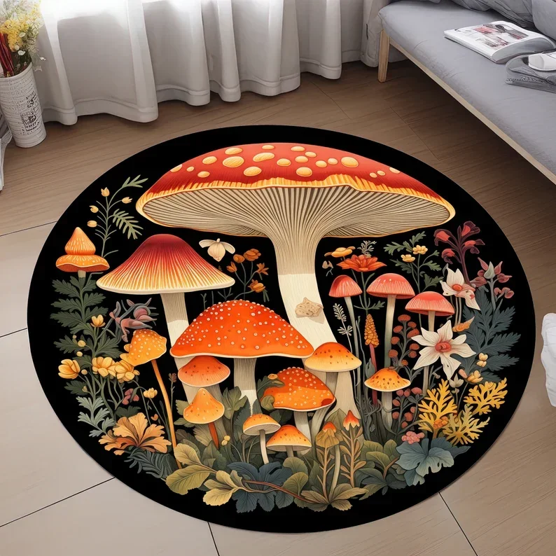 Enchanting Mushroom Round Floor Mat - Big Mushrooms & Lush Foliage on Dark Blue, Soft & Non-Slip, Magical Room Decor