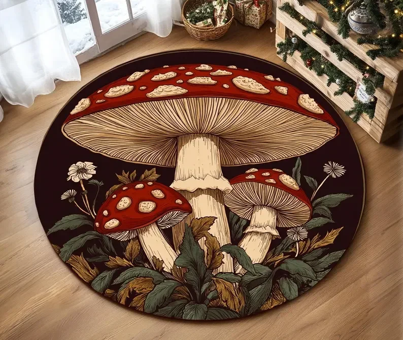 Enchanting Mushroom Round Floor Mat - Big Mushrooms & Lush Foliage on Dark Blue, Soft & Non-Slip, Magical Room Decor