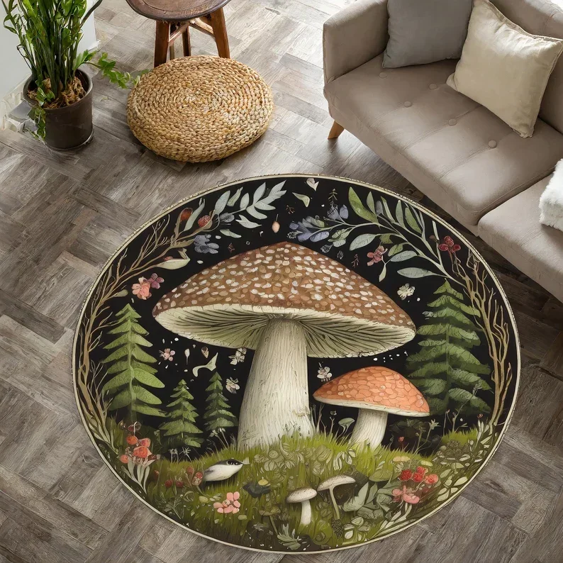Enchanting Mushroom Round Floor Mat - Big Mushrooms & Lush Foliage on Dark Blue, Soft & Non-Slip, Magical Room Decor