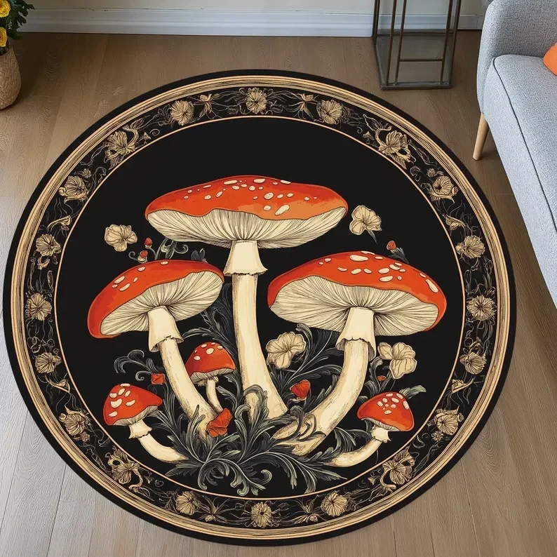 Enchanting Mushroom Round Floor Mat - Big Mushrooms & Lush Foliage on Dark Blue, Soft & Non-Slip, Magical Room Decor