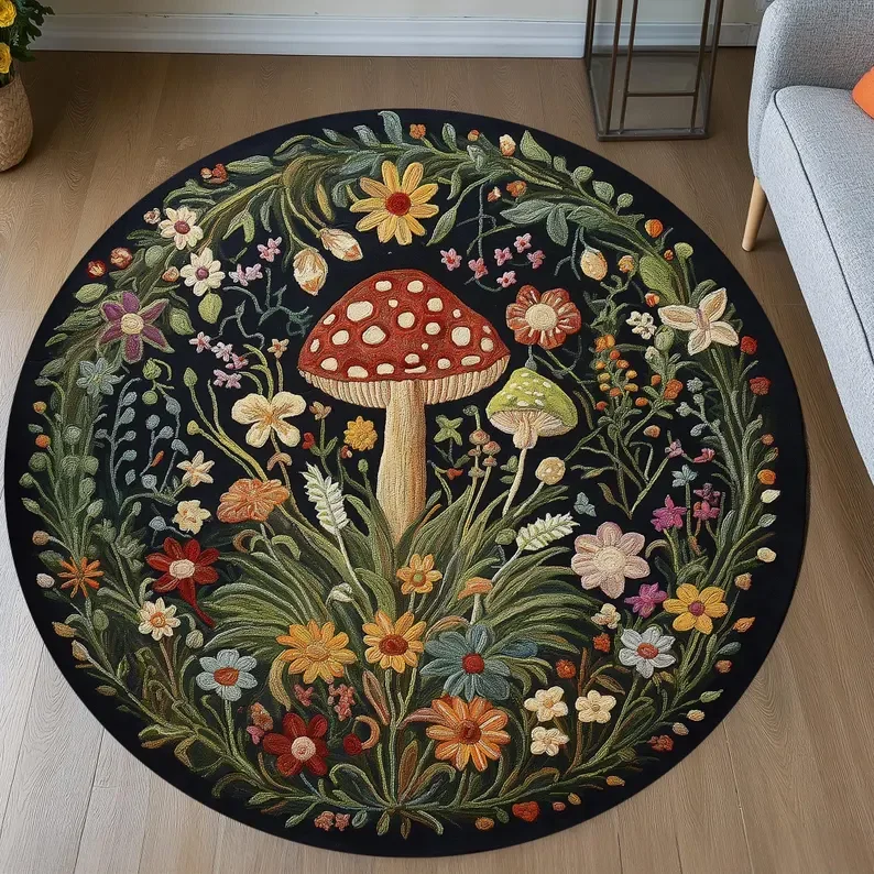 Enchanting Mushroom Round Floor Mat - Big Mushrooms & Lush Foliage on Dark Blue, Soft & Non-Slip, Magical Room Decor