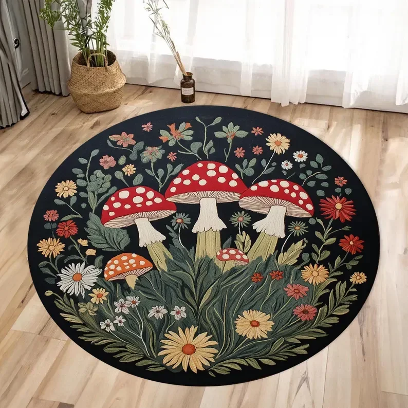 Enchanting Mushroom Round Floor Mat - Big Mushrooms & Lush Foliage on Dark Blue, Soft & Non-Slip, Magical Room Decor