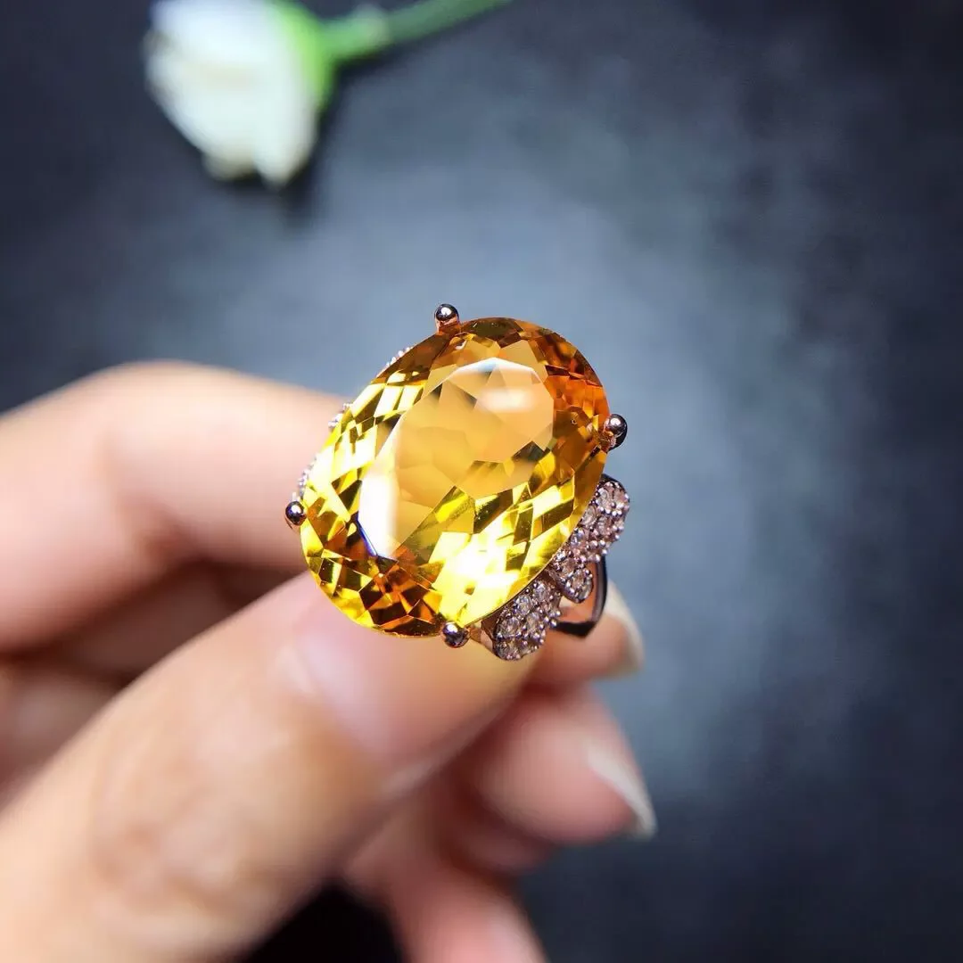 Natural Yellow Citrine Quartz Adjustable Ring 20x15mm 925 Silver Woman Citrine Clear Bead Wealthy Stone AAAAA