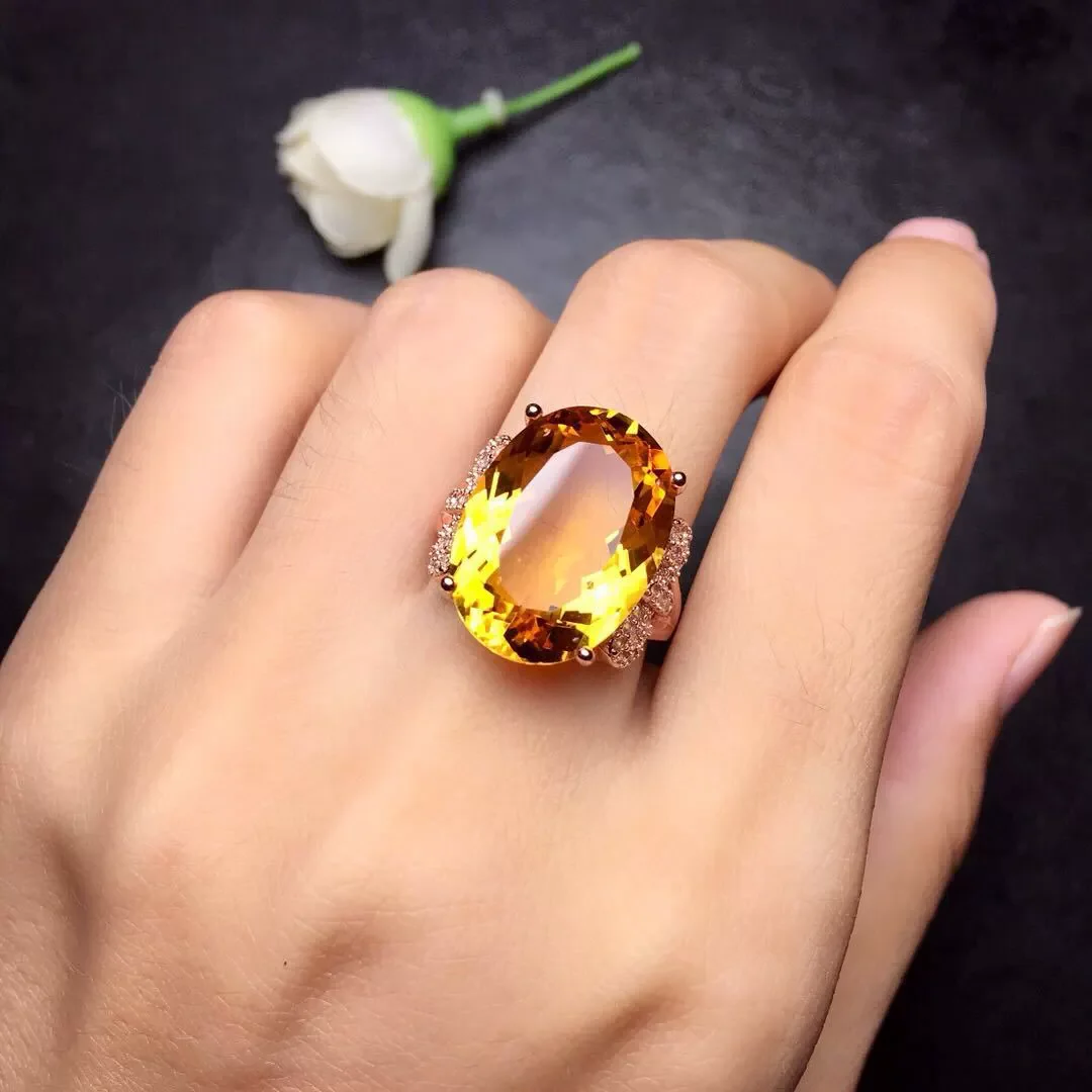 Natural Yellow Citrine Quartz Adjustable Ring 20x15mm 925 Silver Woman Citrine Clear Bead Wealthy Stone AAAAA