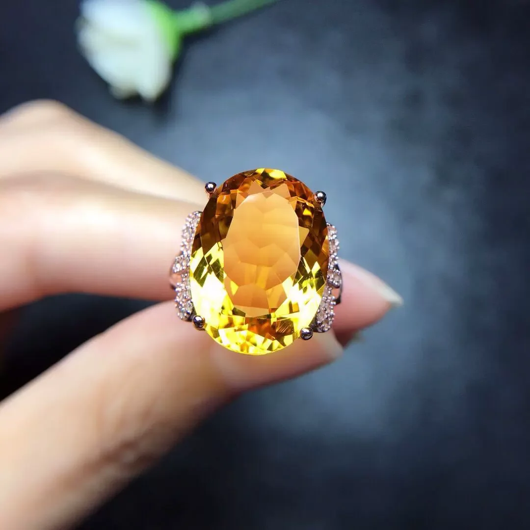 Natural Yellow Citrine Quartz Adjustable Ring 20x15mm 925 Silver Woman Citrine Clear Bead Wealthy Stone AAAAA
