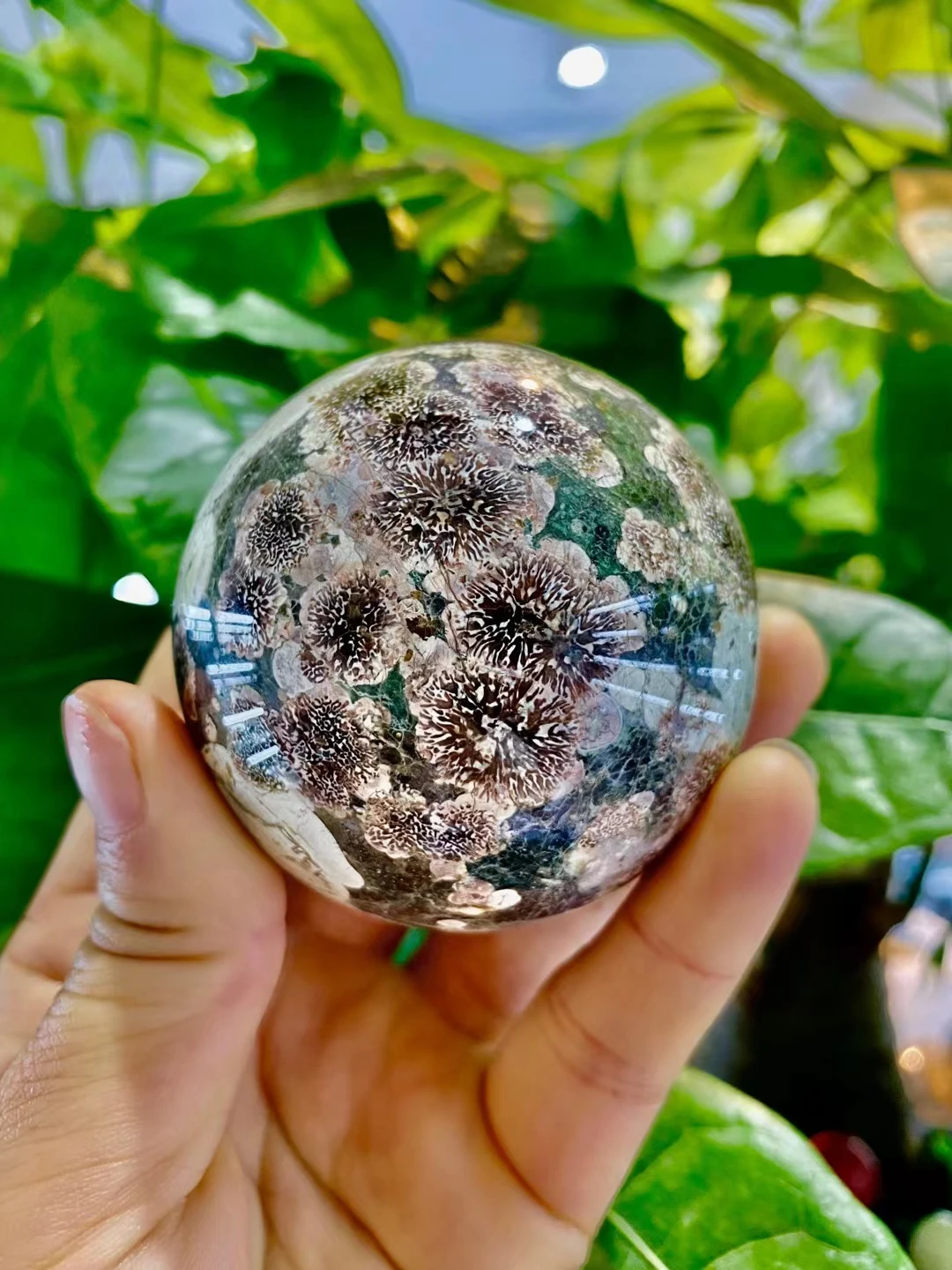7cm Natural Green Cherry Blossom Agate Crystal Quartz Energy Ball Healing Reiki Spiritual Feng Shui Prayer Witchcraft Home Decor