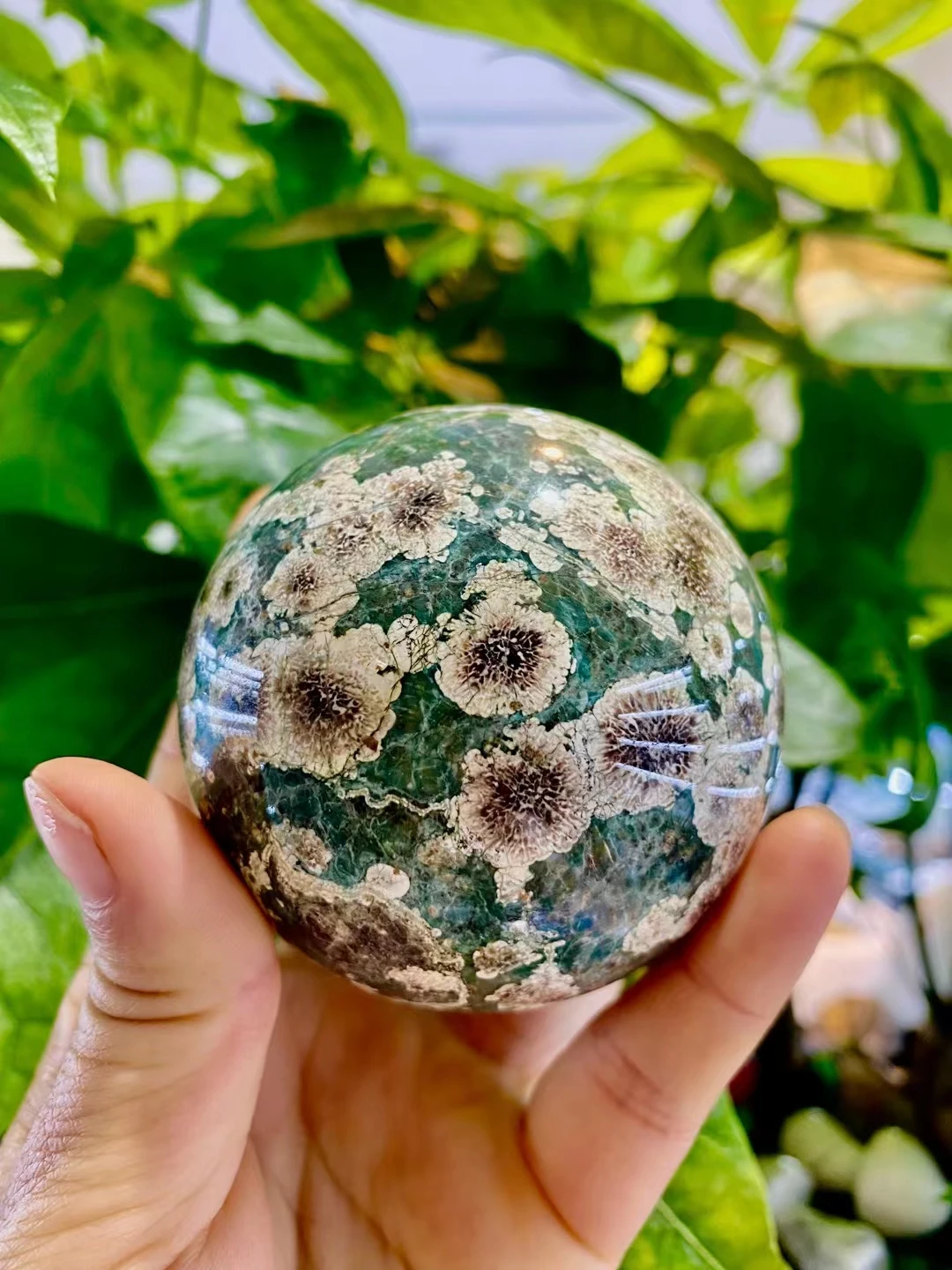 7cm Natural Green Cherry Blossom Agate Crystal Quartz Energy Ball Healing Reiki Spiritual Feng Shui Prayer Witchcraft Home Decor