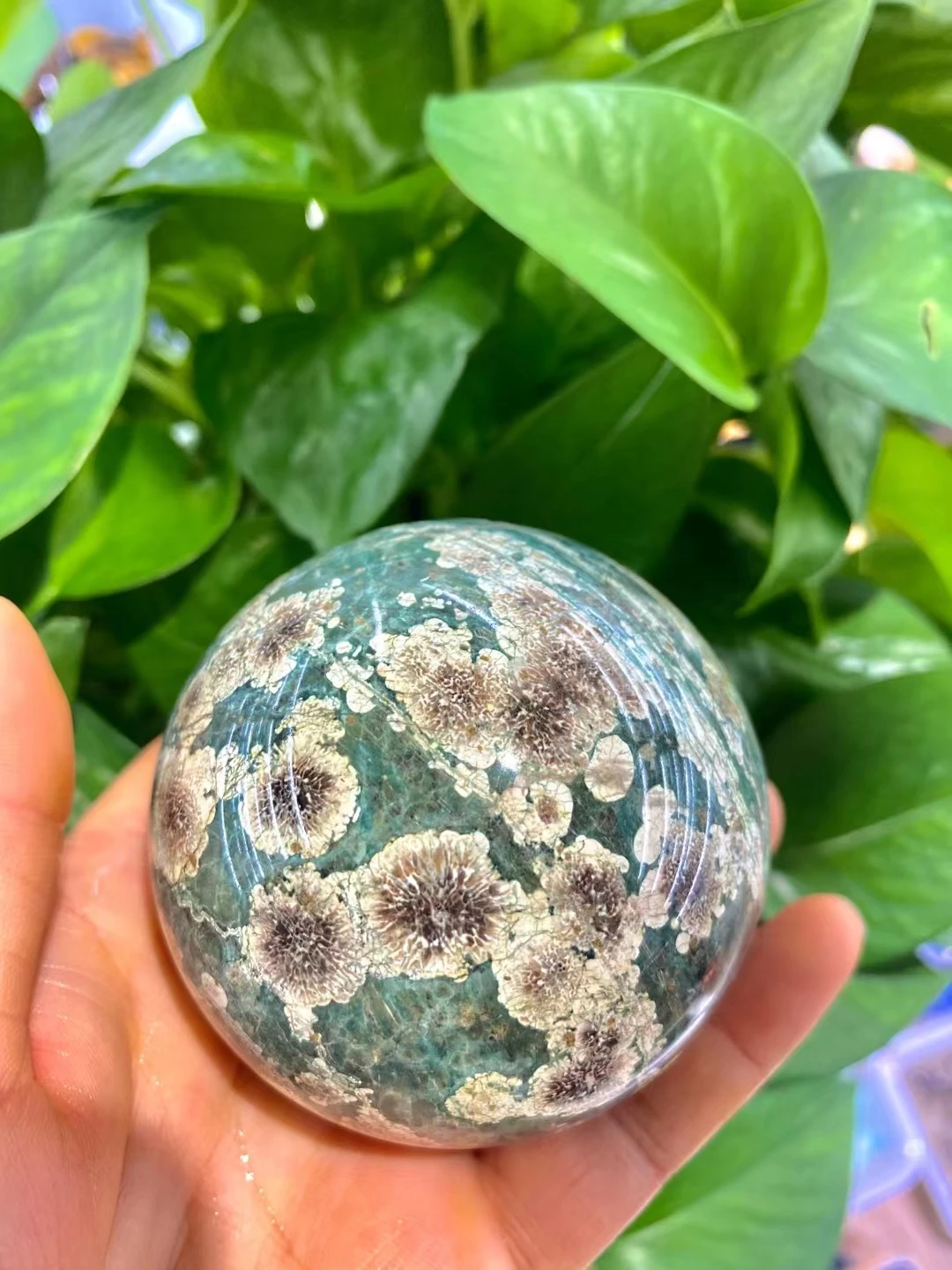 7cm Natural Green Cherry Blossom Agate Crystal Quartz Energy Ball Healing Reiki Spiritual Feng Shui Prayer Witchcraft Home Decor