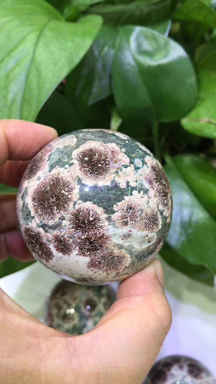 7cm Natural Green Cherry Blossom Agate Crystal Quartz Energy Ball Healing Reiki Spiritual Feng Shui Prayer Witchcraft Home Decor