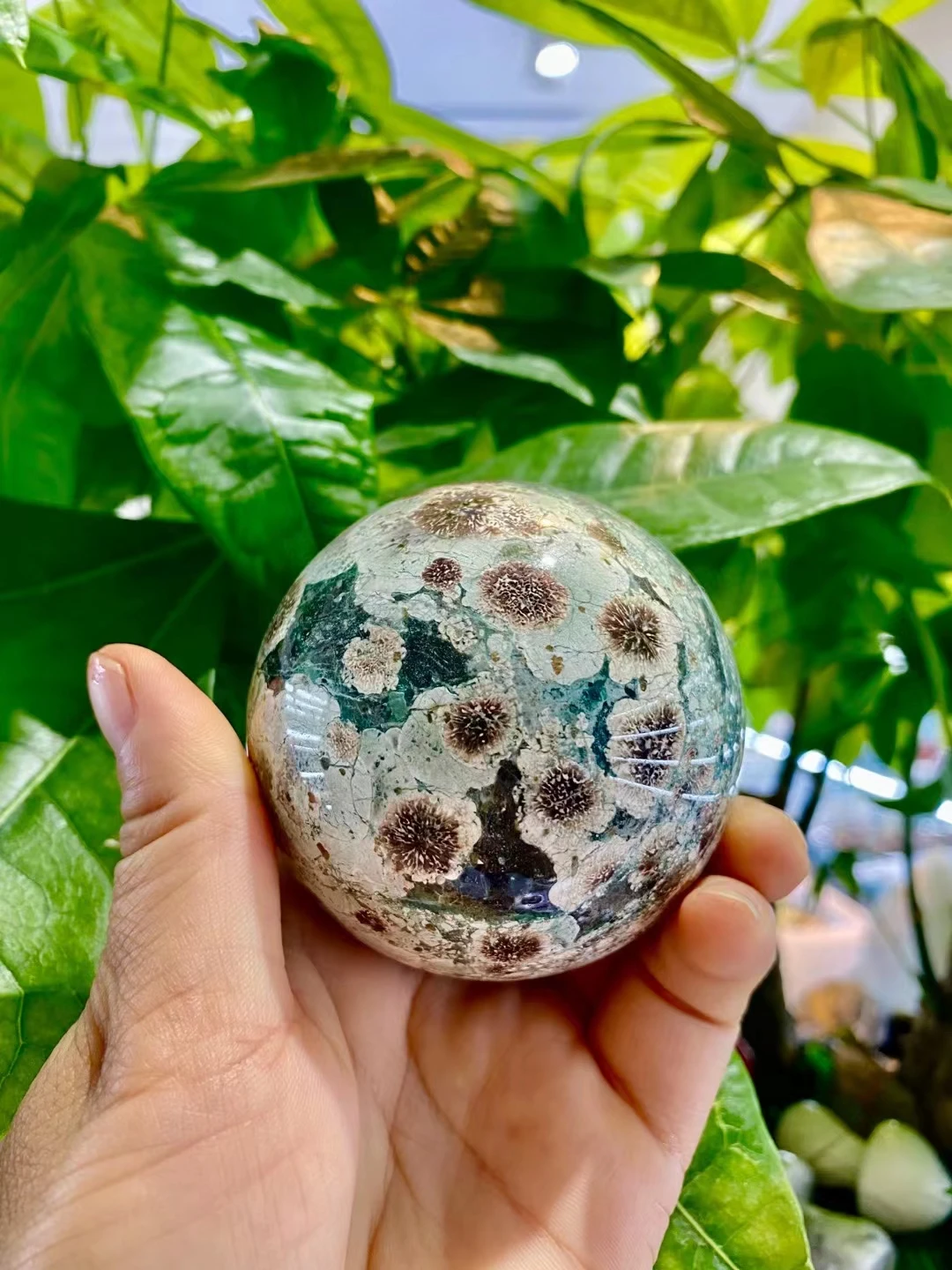 7cm Natural Green Cherry Blossom Agate Crystal Quartz Energy Ball Healing Reiki Spiritual Feng Shui Prayer Witchcraft Home Decor