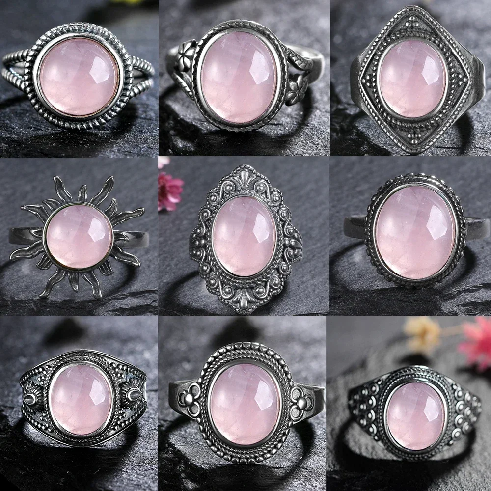 Vintage S925 Sterling Silver Ring Oval Round Natural Rose Quartz Ring Pink Stone Sun Shaped Retro Silver Fine Jewelry For Women