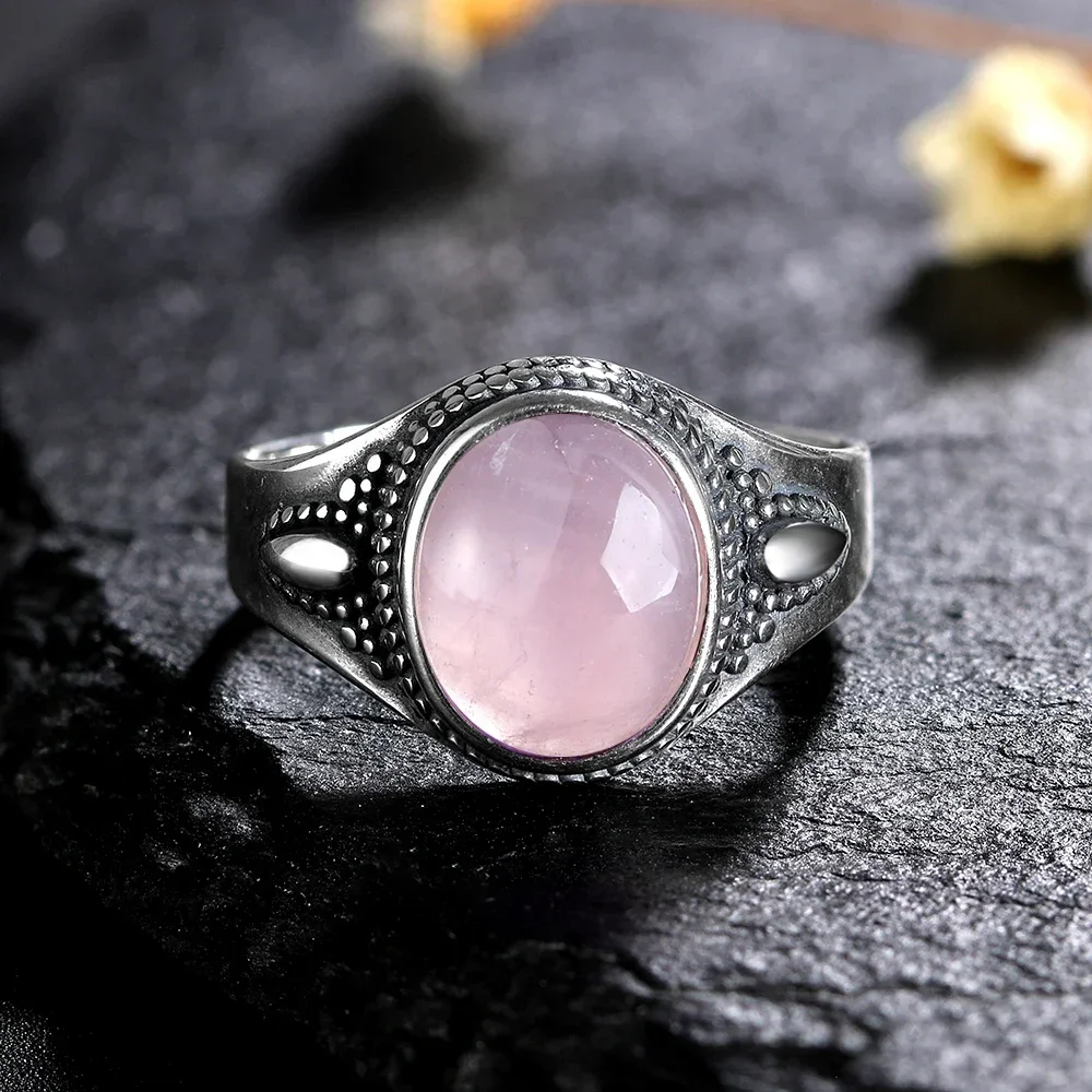 Vintage S925 Sterling Silver Ring Oval Round Natural Rose Quartz Ring Pink Stone Sun Shaped Retro Silver Fine Jewelry For Women