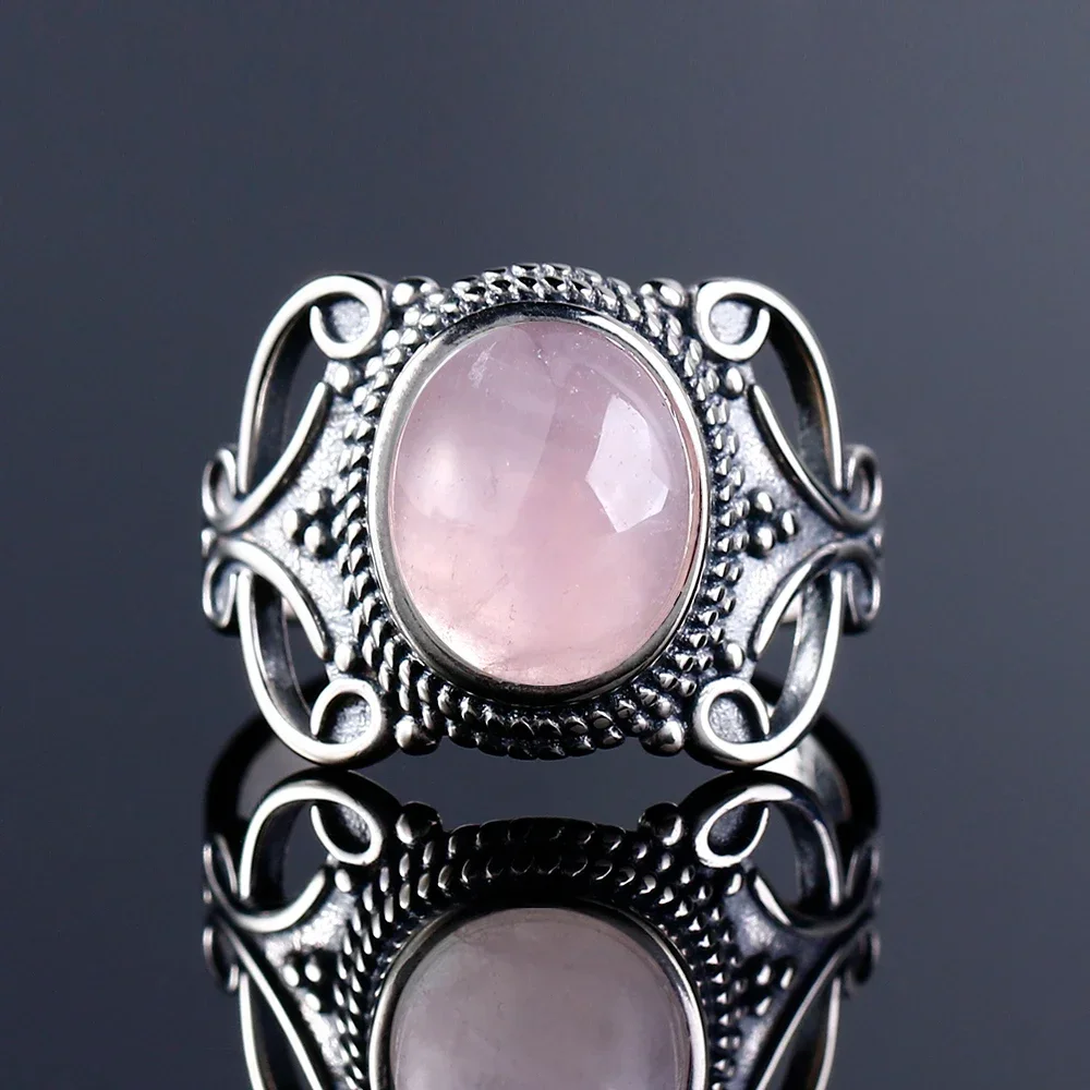 Vintage S925 Sterling Silver Ring Oval Round Natural Rose Quartz Ring Pink Stone Sun Shaped Retro Silver Fine Jewelry For Women