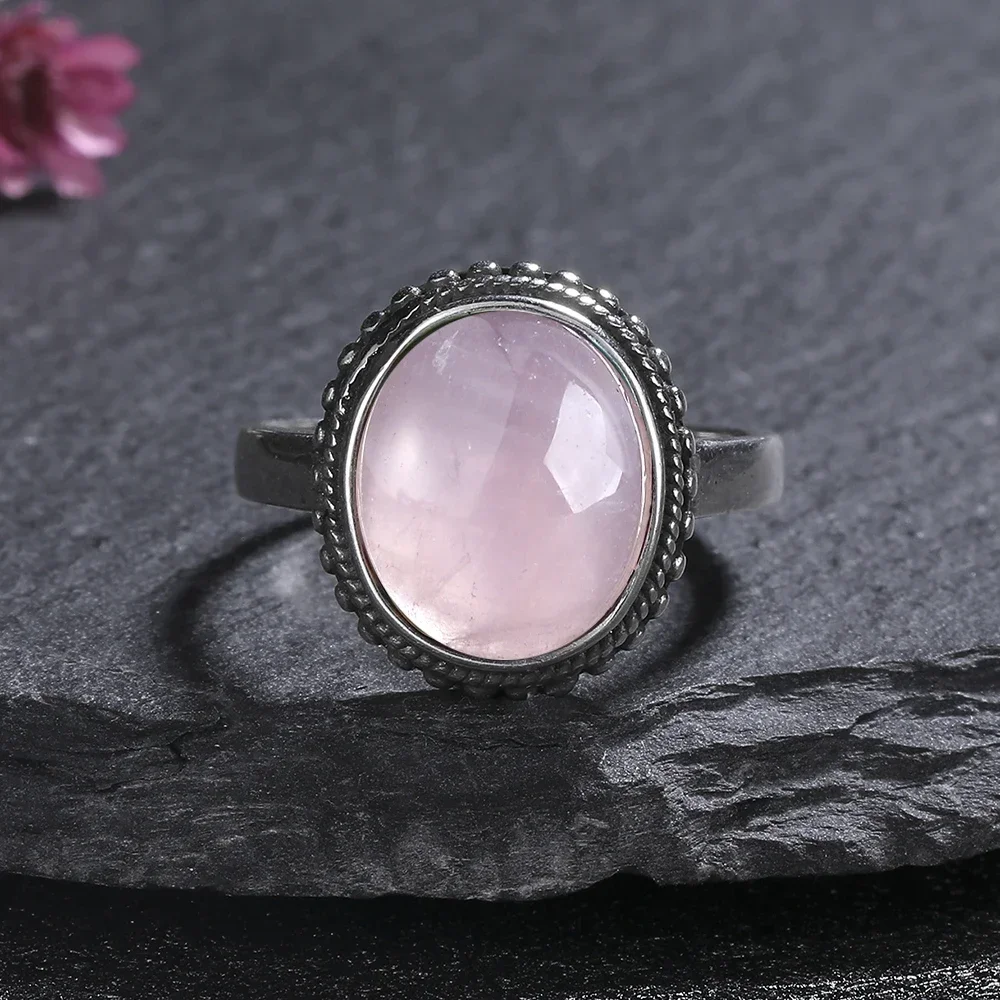 Vintage S925 Sterling Silver Ring Oval Round Natural Rose Quartz Ring Pink Stone Sun Shaped Retro Silver Fine Jewelry For Women