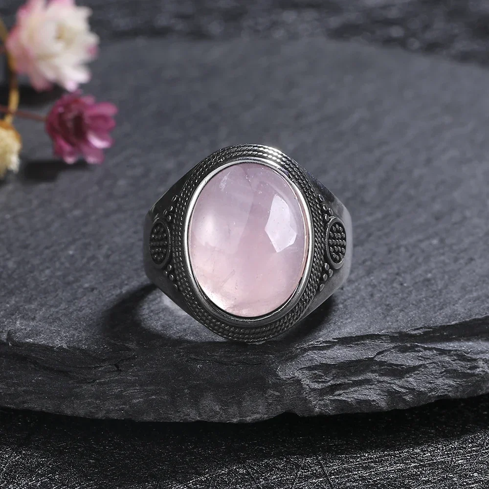 Vintage S925 Sterling Silver Ring Oval Round Natural Rose Quartz Ring Pink Stone Sun Shaped Retro Silver Fine Jewelry For Women