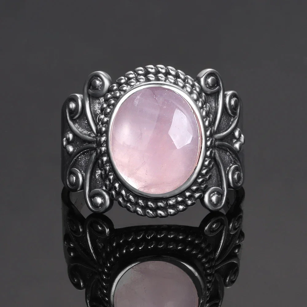 Vintage S925 Sterling Silver Ring Oval Round Natural Rose Quartz Ring Pink Stone Sun Shaped Retro Silver Fine Jewelry For Women