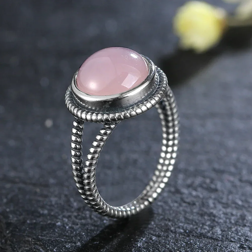 Vintage S925 Sterling Silver Ring Oval Round Natural Rose Quartz Ring Pink Stone Sun Shaped Retro Silver Fine Jewelry For Women