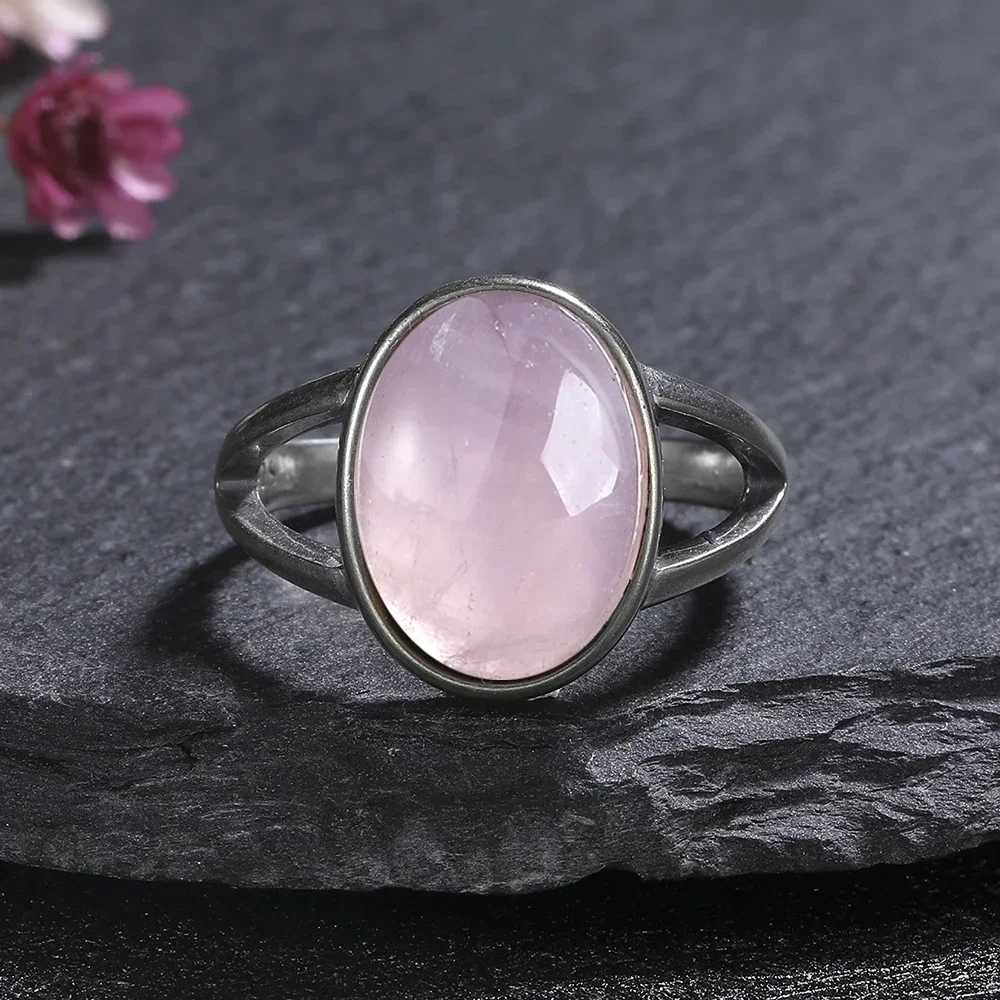 Vintage S925 Sterling Silver Ring Oval Round Natural Rose Quartz Ring Pink Stone Sun Shaped Retro Silver Fine Jewelry For Women