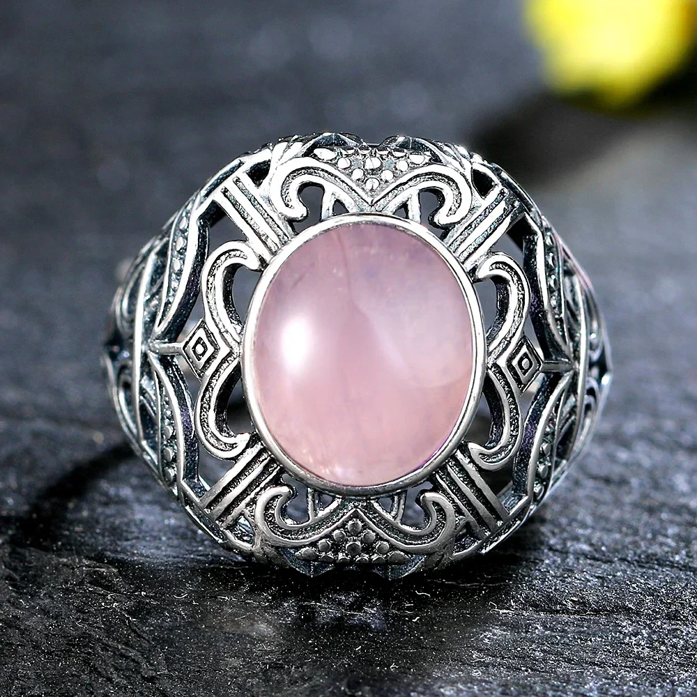 Vintage S925 Sterling Silver Ring Oval Round Natural Rose Quartz Ring Pink Stone Sun Shaped Retro Silver Fine Jewelry For Women