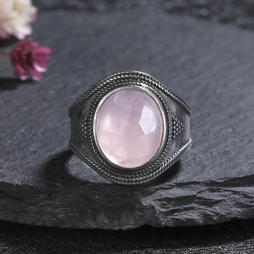 Vintage S925 Sterling Silver Ring Oval Round Natural Rose Quartz Ring Pink Stone Sun Shaped Retro Silver Fine Jewelry For Women