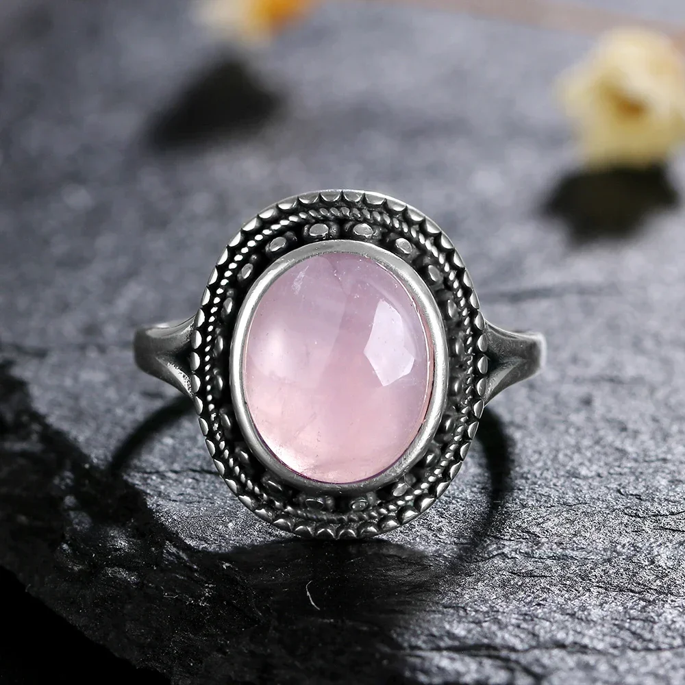 Vintage S925 Sterling Silver Ring Oval Round Natural Rose Quartz Ring Pink Stone Sun Shaped Retro Silver Fine Jewelry For Women