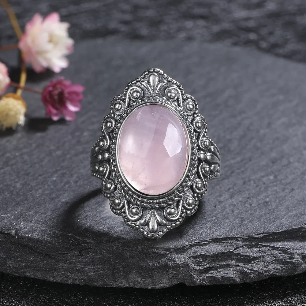 Vintage S925 Sterling Silver Ring Oval Round Natural Rose Quartz Ring Pink Stone Sun Shaped Retro Silver Fine Jewelry For Women