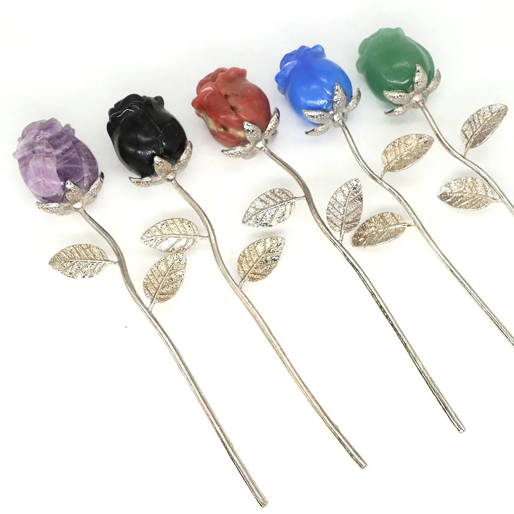 Crystal Carved Rose Flower Natural Stone Amethyst Quartz Gemstone Craft Party Home Decoration Valentines Day Wedding Guest Gifts