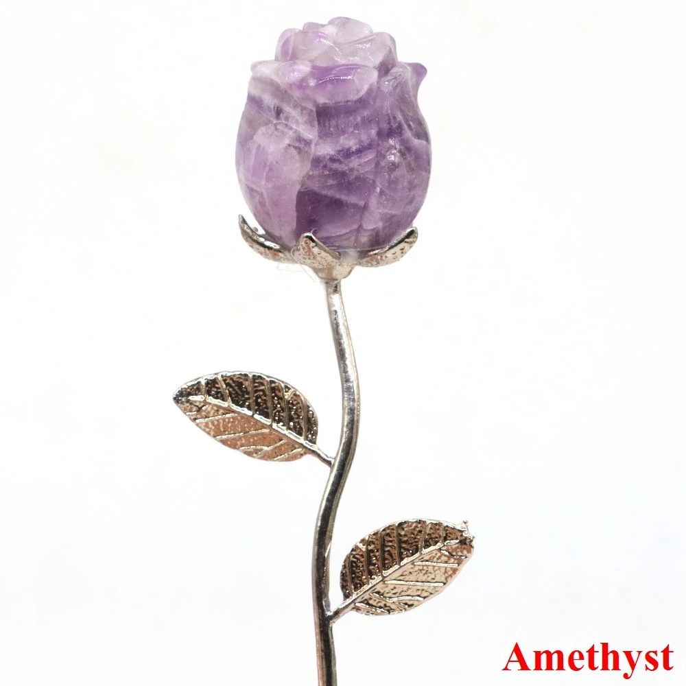 Crystal Carved Rose Flower Natural Stone Amethyst Quartz Gemstone Craft Party Home Decoration Valentines Day Wedding Guest Gifts