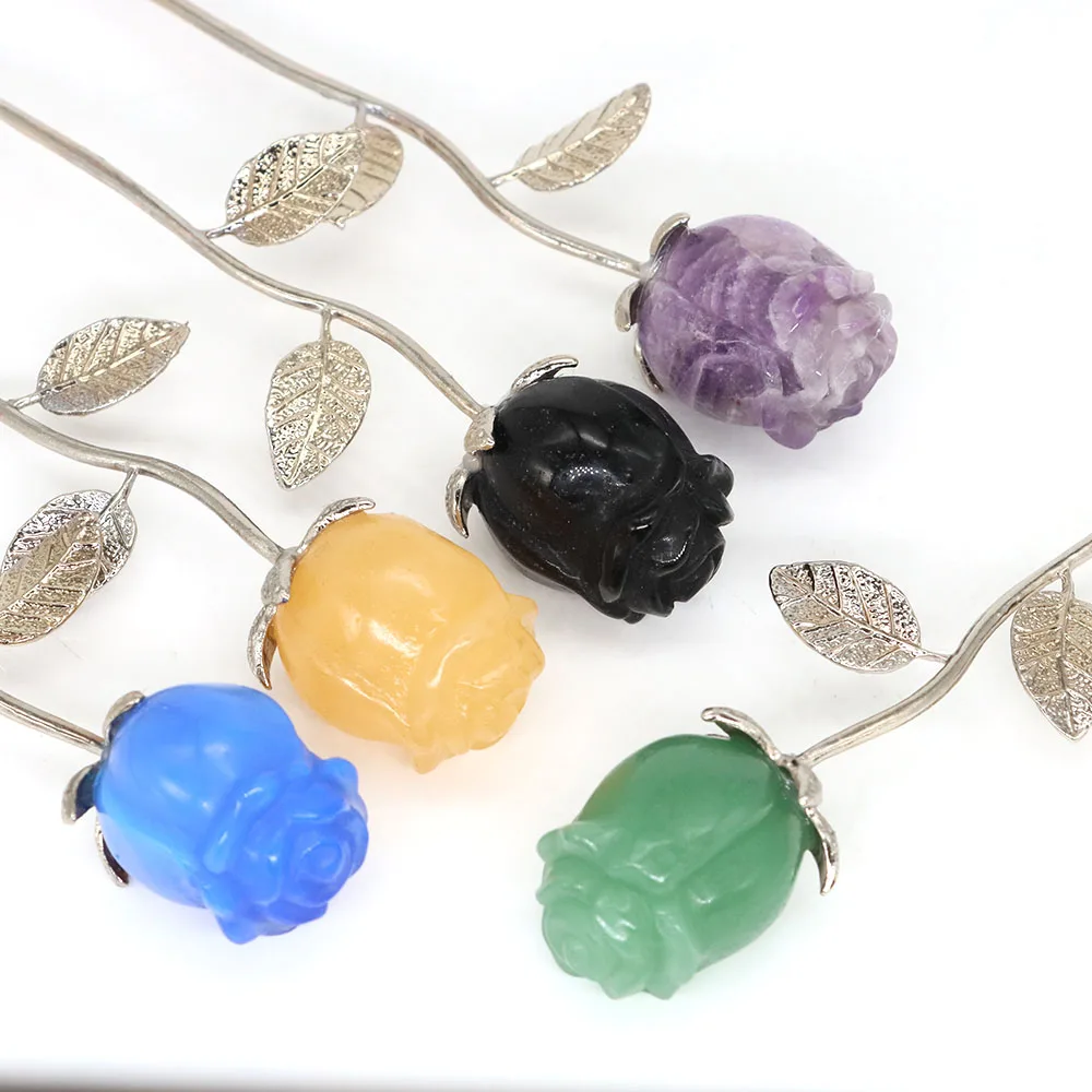Crystal Carved Rose Flower Natural Stone Amethyst Quartz Gemstone Craft Party Home Decoration Valentines Day Wedding Guest Gifts