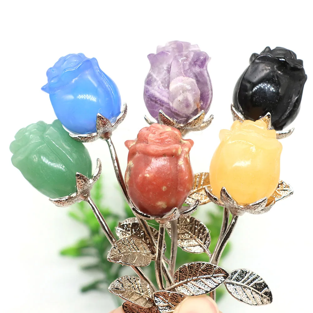 Crystal Carved Rose Flower Natural Stone Amethyst Quartz Gemstone Craft Party Home Decoration Valentines Day Wedding Guest Gifts