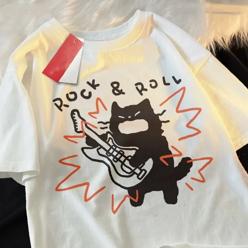 ZAZOMDE Sleepy Cat Cartoon Pattern Pure Cotton Short Sleeve Tee Relaxed Fit Oversized Street Style Comfort Fit Summer Fashion