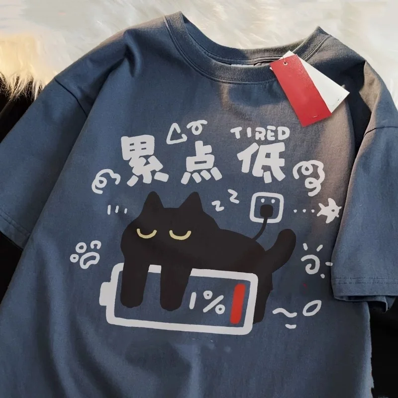 ZAZOMDE Sleepy Cat Cartoon Pattern Pure Cotton Short Sleeve Tee Relaxed Fit Oversized Street Style Comfort Fit Summer Fashion