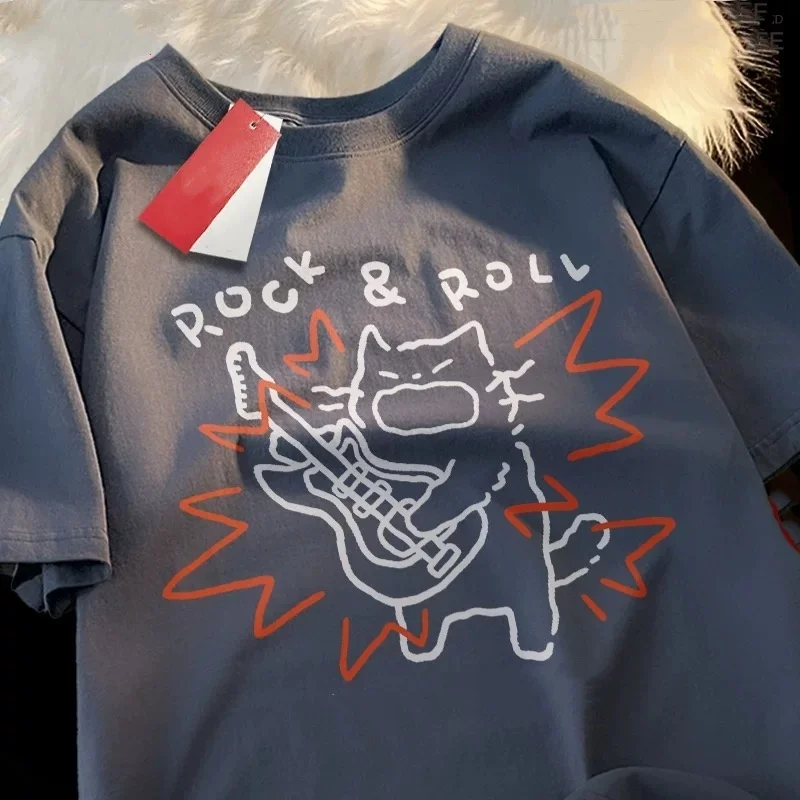 ZAZOMDE Sleepy Cat Cartoon Pattern Pure Cotton Short Sleeve Tee Relaxed Fit Oversized Street Style Comfort Fit Summer Fashion