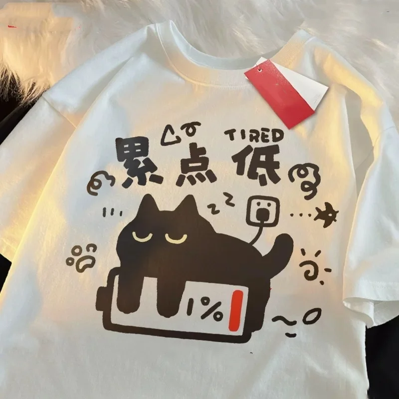 ZAZOMDE Sleepy Cat Cartoon Pattern Pure Cotton Short Sleeve Tee Relaxed Fit Oversized Street Style Comfort Fit Summer Fashion